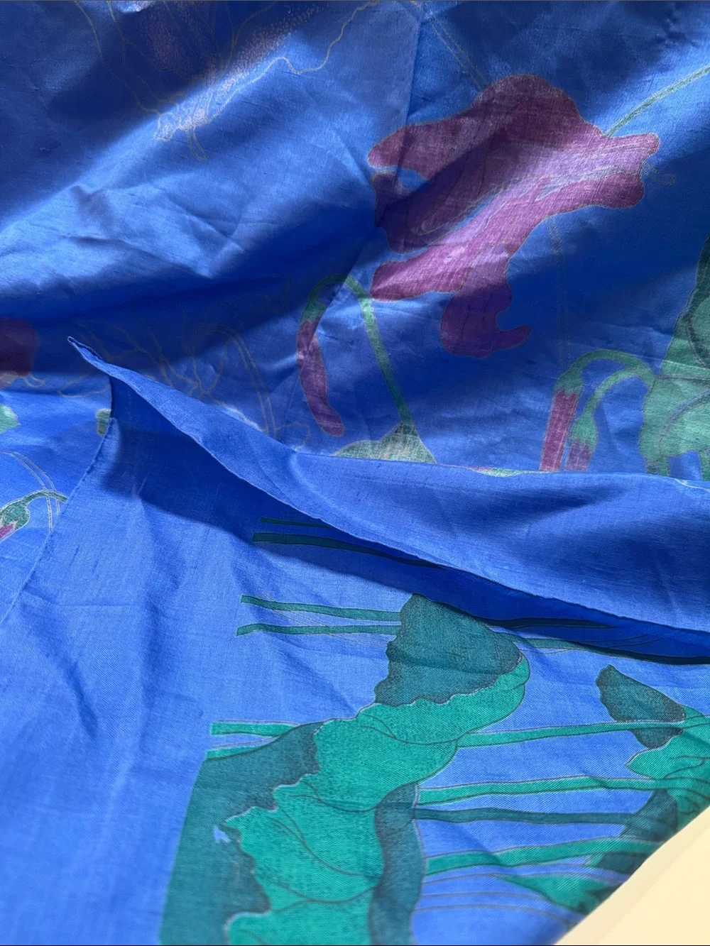 Vibrant Blue Floral Silk Scarf block printed stunning 35” by 36”